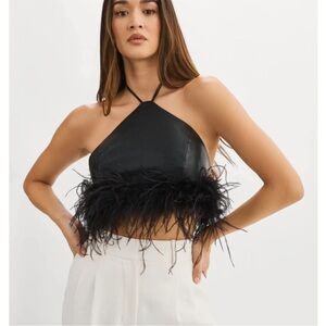 Lamarque Black Feather Embellished Halter Blouse